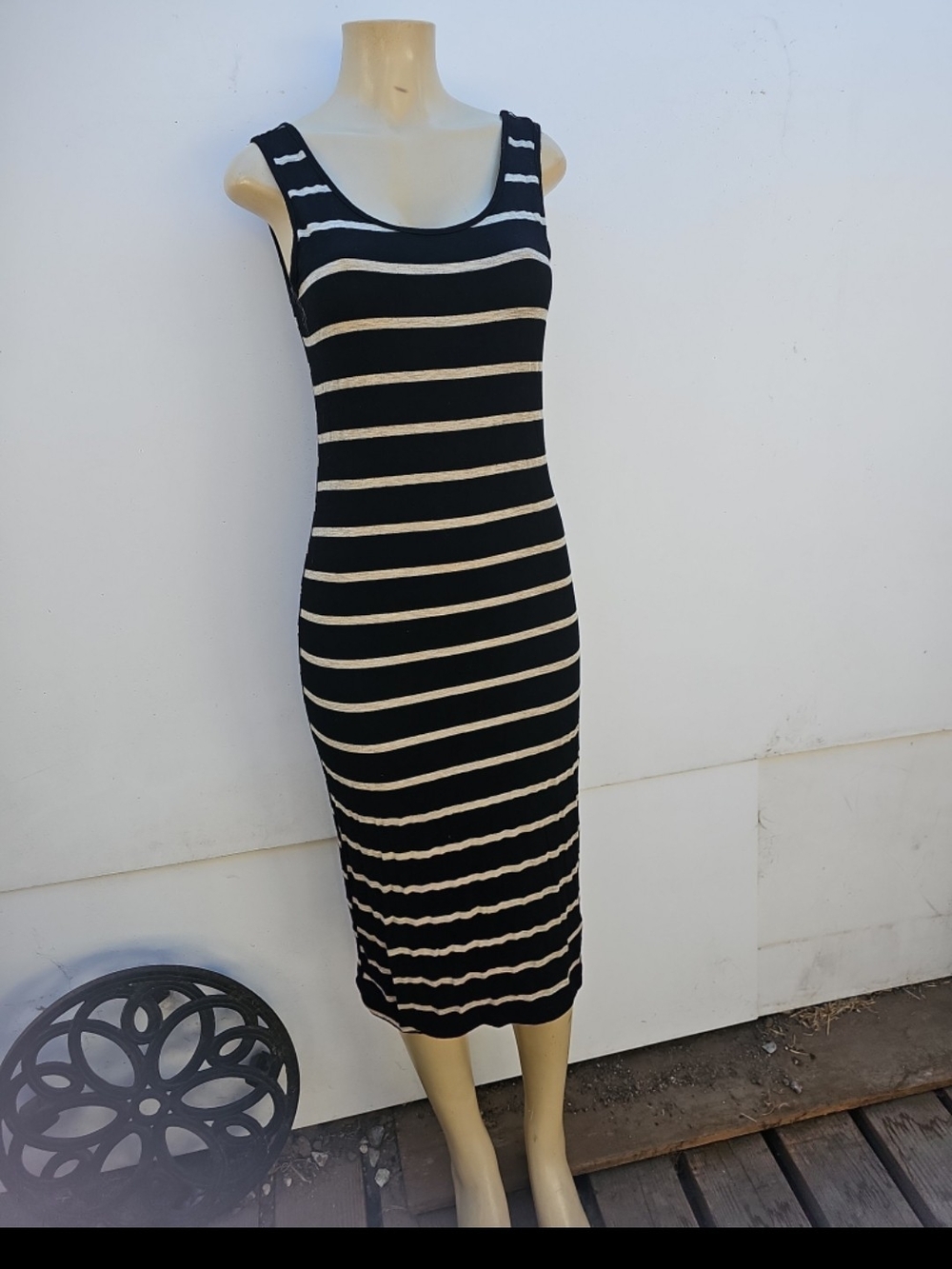 Sleeveless Black and Cream Striped Knit Midi Dress